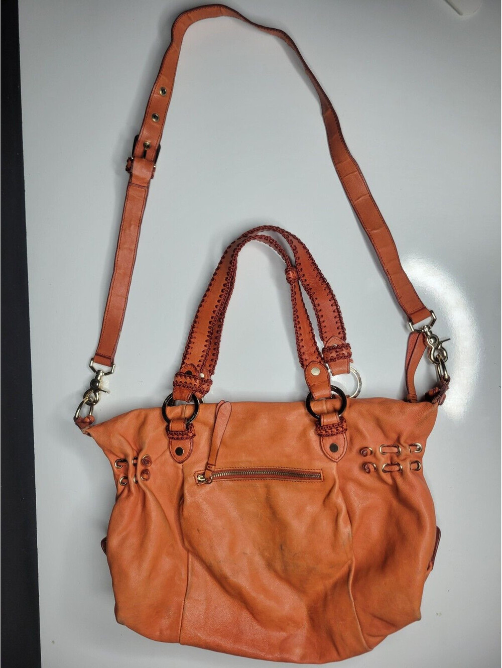 Junior Drake Orange Leather Satchel Handbag Shoulder Bag Purse Detachable strap